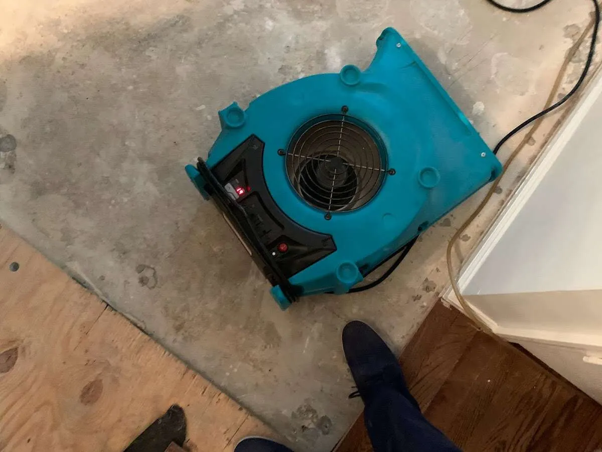 Air mover drying subfloor during Commercial Water Damage Restoration in Sidney